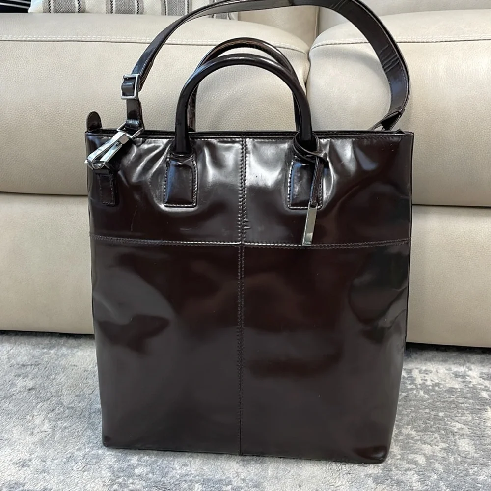 Vintage Gucci Dark Brown Patent Leather Structured Handbag 2 Way Glossy